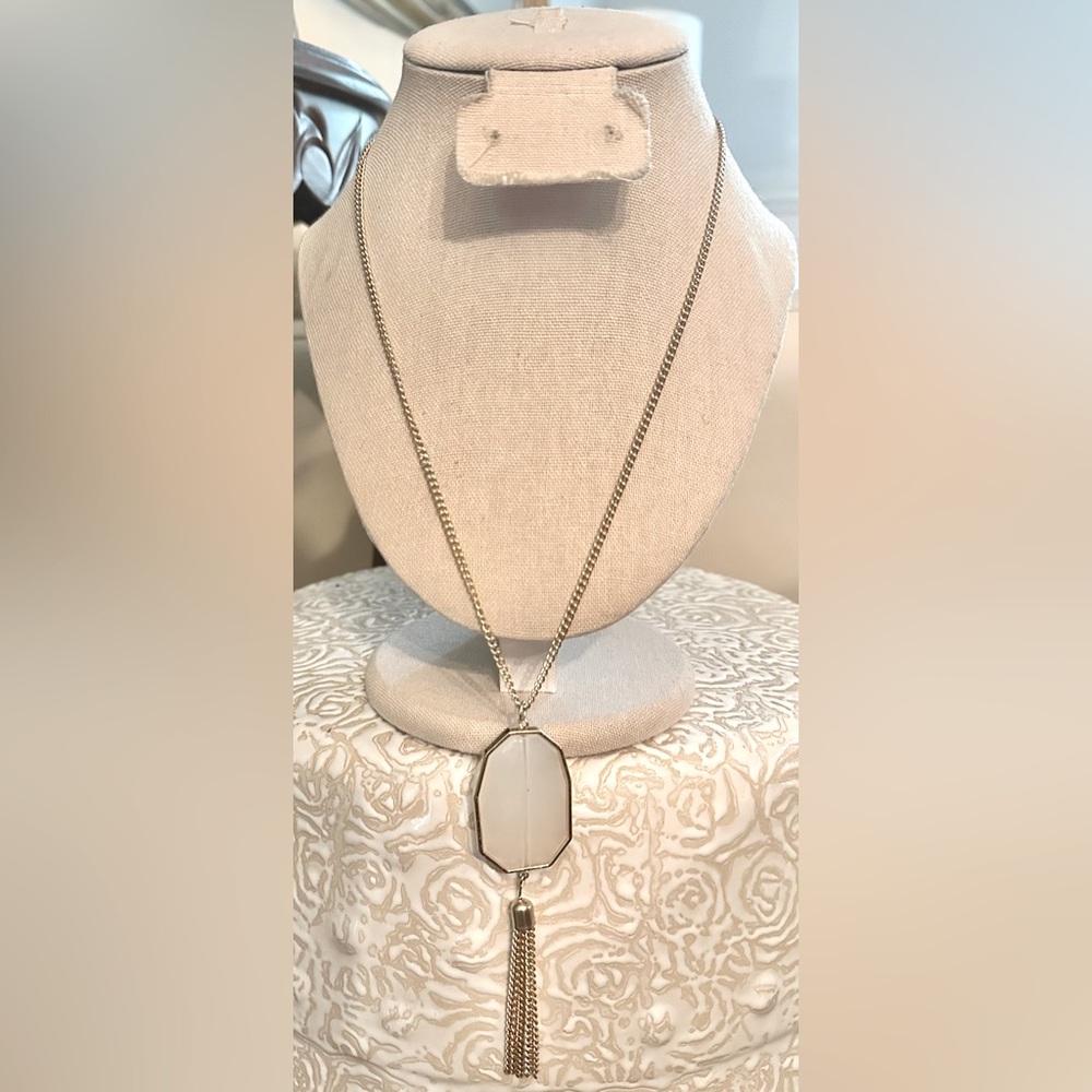 White faceted Pendant with gold tone tassel & chain long length Necklace